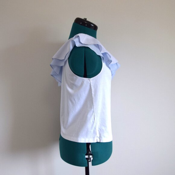Club Monaco White and Blue Ruffled off the Shoulder Tank Top - Picture 3 of 6